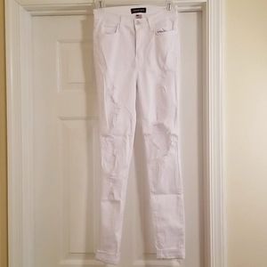 Fashion Nova distressed, white skinny jeans